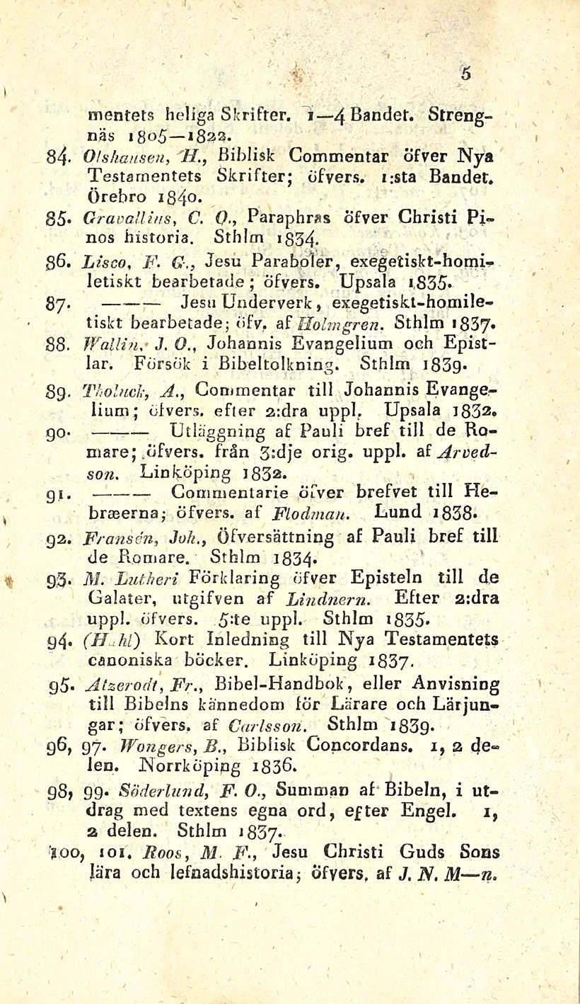 Commenlarie 5 \ f mentets heliga Skrifrer. i 4 Bandet. Strengnäs 1805 1823. 84- Otshansen, 'H., Biblisk Commentar öfver Nya Testarnentets Skrifter; öfvers. i;sta Bandet. Örebro ib4-85* Gravallins, C.