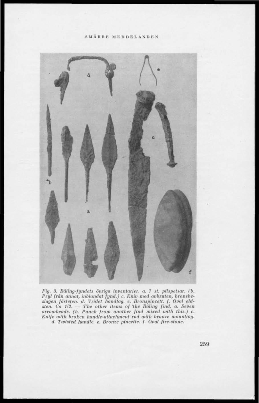 MEDDELANDEN Fig. 3. Båling-fyndcts öuriga inuentnrier. a. 7 st. pilspetsar, (b. Pryl från annat, inblundat fynd.) c. Kniu med aubruten, bronsbeslagen fästeten. d. Vridet handtag, e. Bronspincett. f. Oual eldsten.