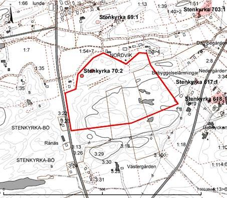 Nordviks Äng i Skärhamn 7 Figur 3. Utsnitt ur GSD-Fastighetskartan, blad 7079 med utredningsområdet och närliggande fornlämningar markerade. Skala 1:10 000. Godkänd ur sekretessynpunkt för spridning.