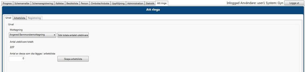 Användaren väljer mottagning, söker efter antalet uteblivare Under fliken arbetslistan visas de uteblivare