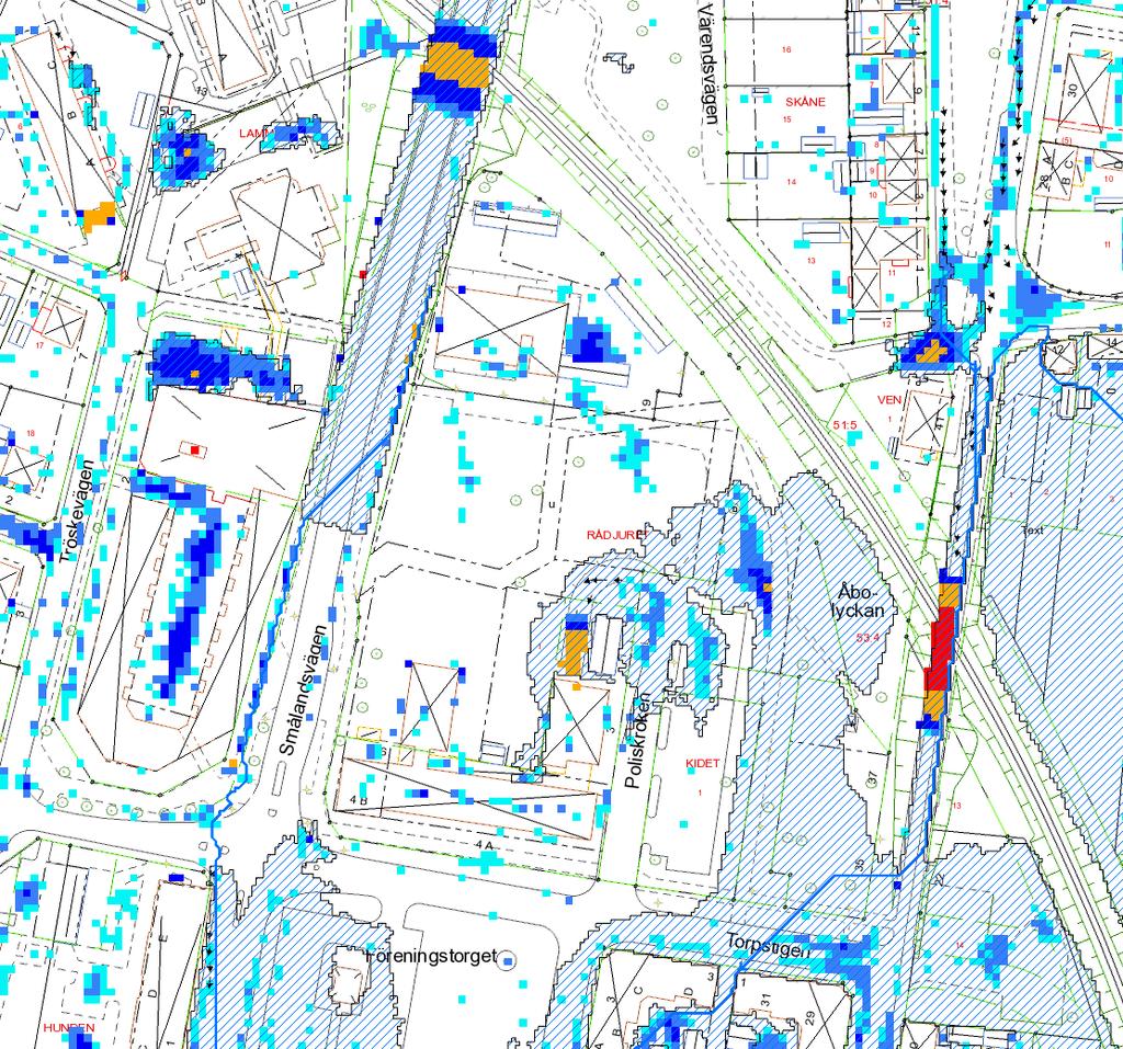 PLANBESKRIVNING 2018-10-08 SAMRÅDSHANDLING 8 (12) Illustration: Rinnvägar och vattenansamling vid ett hundraårsregn.