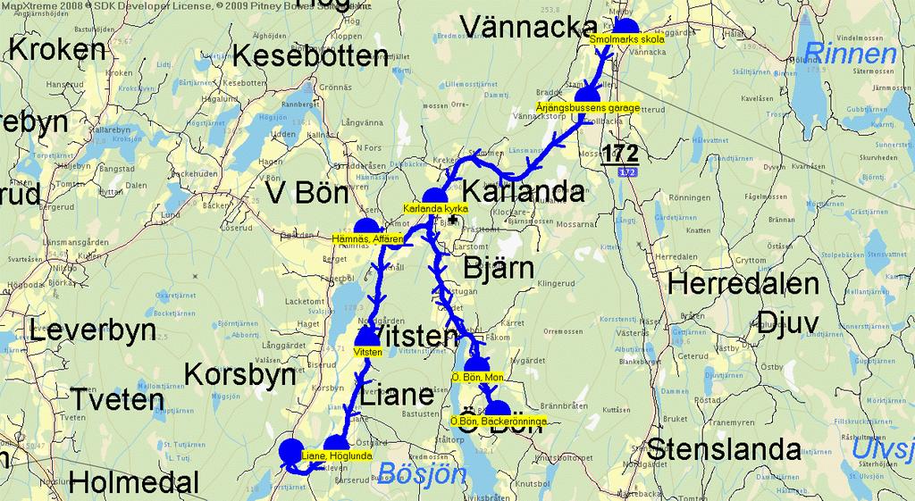 2011-08-15 19:34:31 Karta för Tur 6556 M - F 6556 13.00 13.35 Smolmarks skola - Årjängsbussens garage - Karlanda kyrka - Ö.Bön, Bäckerönninga - Ö.