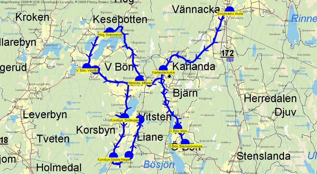 2011-08-15 19:34:33 Karta för Tur 6558 M - F Fordon 6513 Scania Lathi Flyer 6558 13.55 14.45 Smolmarks skola - Karlanda kyrka - Ö.Bön, Bäckerönninga - Ö.