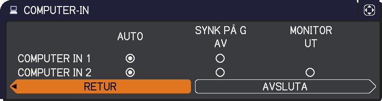 INSIGNAL-meny Artikel COMPUTER-IN BILDLÅS Beskrivning Datorinsignaltypen för COMPUTER IN1 och IN2-portarna kan ställas in. (1) Använd / -knapparna för att välja COMPUTER IN-port som ska ställas in.