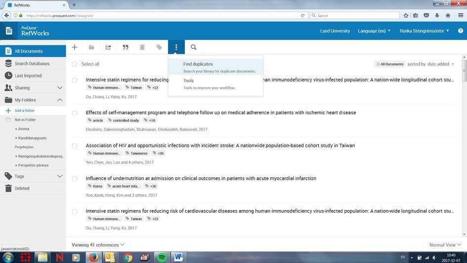 Göra dubblettkontroll För att kolla ifall du har dubbletter i ditt RefWorks-bibliotek (eller i en enskild mapp i RefWorksbiblioteket) går du till den av ikonerna
