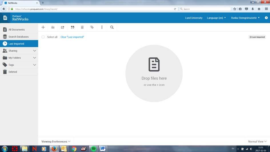 Funktioner I vänsterspalten: All Documents, Search databases, Last imported, Sharing, My Folders, Tags, Deleted Ikonerna överst: Add a reference, Assign selected references to other folders, Share &