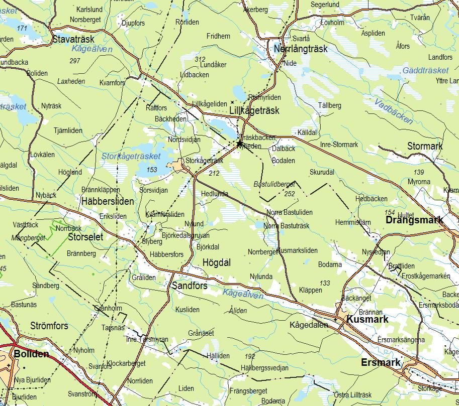 Nyheden, Lillkågeträsk, Skellefteå kommun. Undersökningsområdet markerat med blå pil. Skala ca 1:100000.