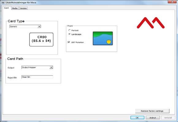 Under the tab for Card, make following changes. Mark landscape. Mark 180 rotation.