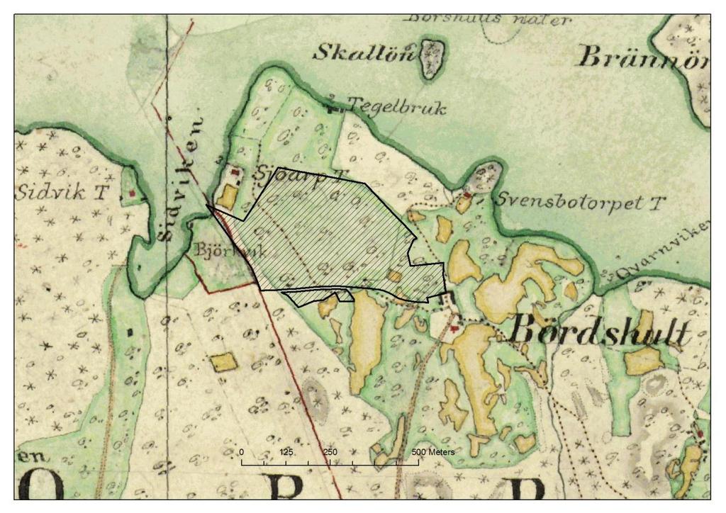 3.2 Historisk och nuvarande markanvändning Häradskartan från 1860-1870. Häradskartan (ovan) visar att området brukades som äng under 1800-talet.