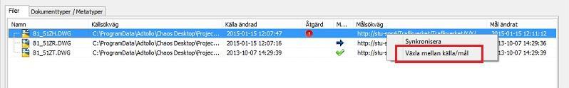 Det går att välja vilken fil som ska skriva över den andra genom att högerklicka på dokumentet och välja Växla mellan källa/mål.
