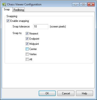 Arbeta med Viewer - Redline- och snapinställning Snap Här kan du ställa in snapinställningar. Ange i antal skärmpixlar hur nära markören behöver vara ett objekt för att det skall hittas.