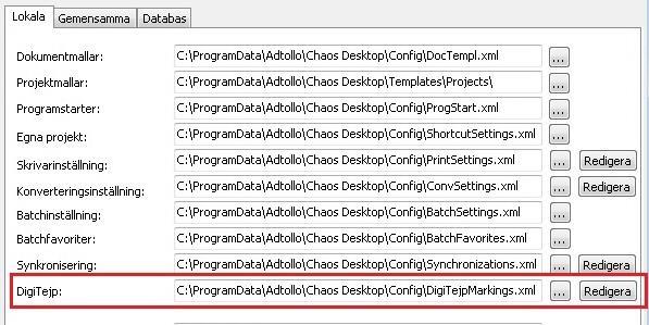 Systeminställningar Inställningar för DigiTejp Konfigurationen för DigiTejp sparas i xml-filer, var dessa ligger och vad de heter anges under Arkiv Konfiguration Inställningar vid rubriken DigiTejp.