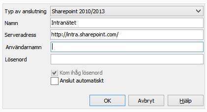 Anslutning till SharePoint Typ av anslutning: Välj rätt version av SharePoint i listan. Beroende på vilken SharePoint-server din webb ligger på väljer du rätt typ av anslutning i listan.