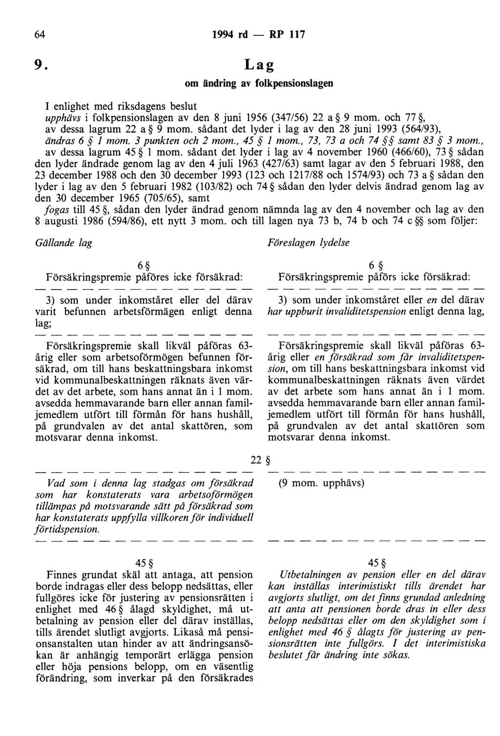 64 1994 rd - RP 117 9. Lag om ändring av folkpensionslagen I enlighet med riksdagens beslut upphävs i folkpensionslagen av den 8 juni 1956 (347/56) 22 a 9 mom. och 77, av dessa lagrum 22 a 9 mom.