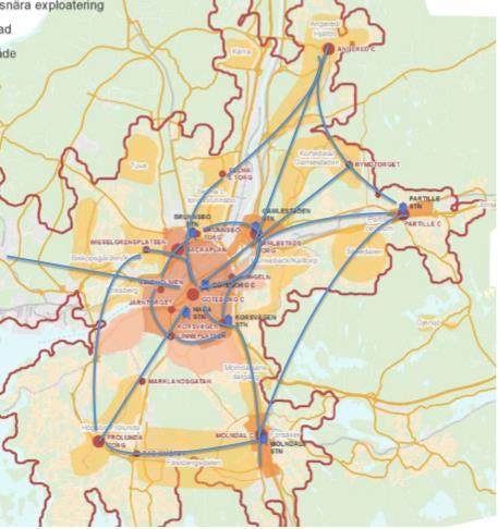 Högbana spårtrafik eller busstrafik Eftersom GMP-området till stora delar redan är bebyggt kommer det på flera platser och i flera stråk vara svårt att anlägga ett snabbnät i markplan.