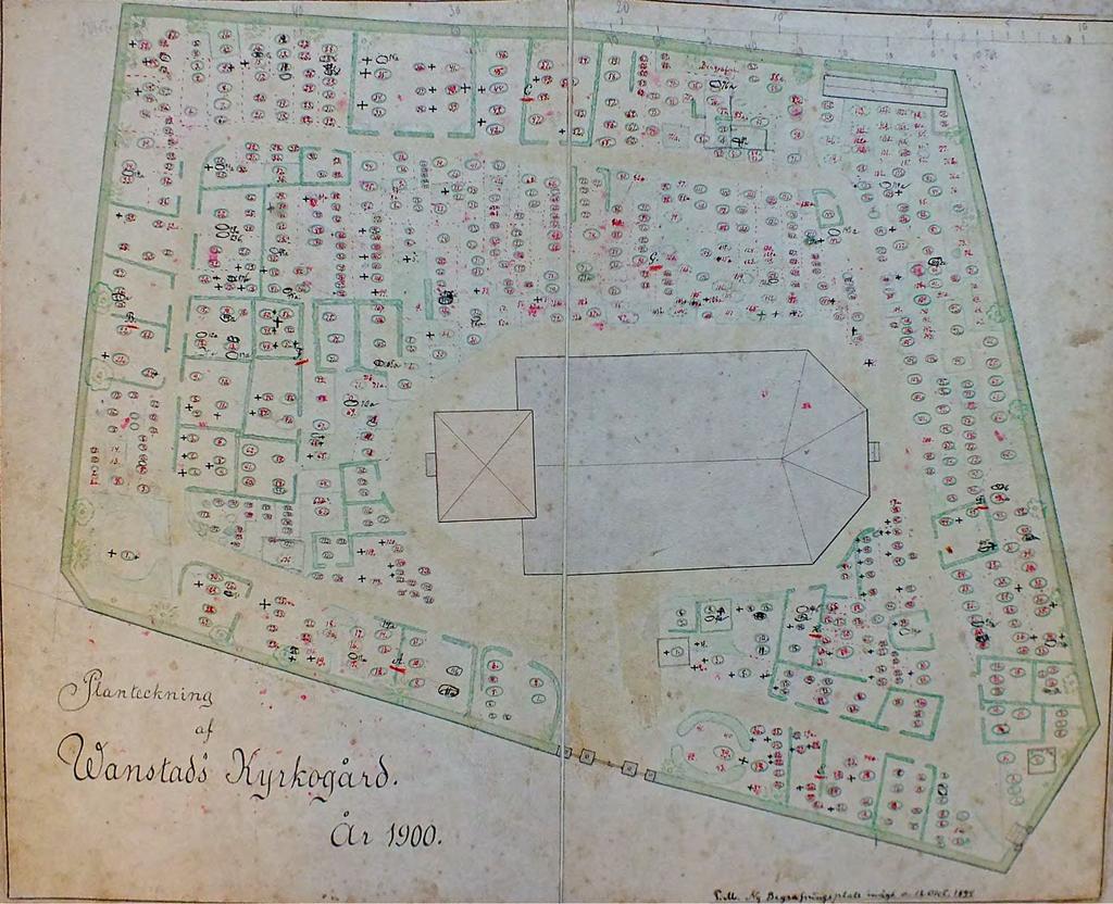 Förslag till Likvags- och bårhus vid Nya begravningsplatsen. Framtaget av A. Nilsson 1914. Byggnaden uppfördes aldrig då platsen ansågs olämplig.