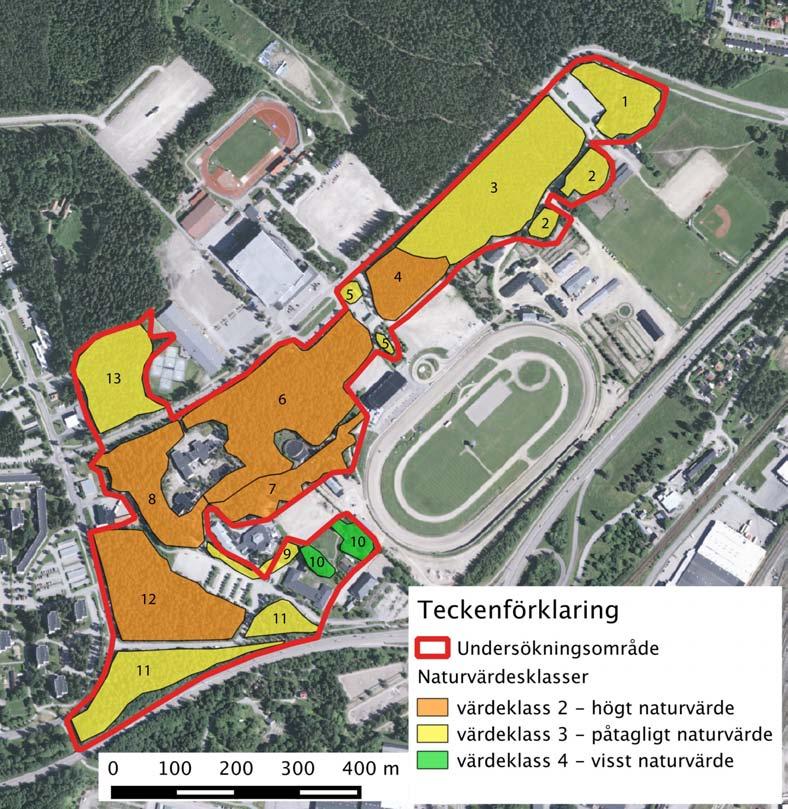 Delområden och Naturinventering Gavlehov Figur 1. Karta med delområden och naturvärdesklass. Röd heldragen linje anger ungefärligt undersökningsområde.