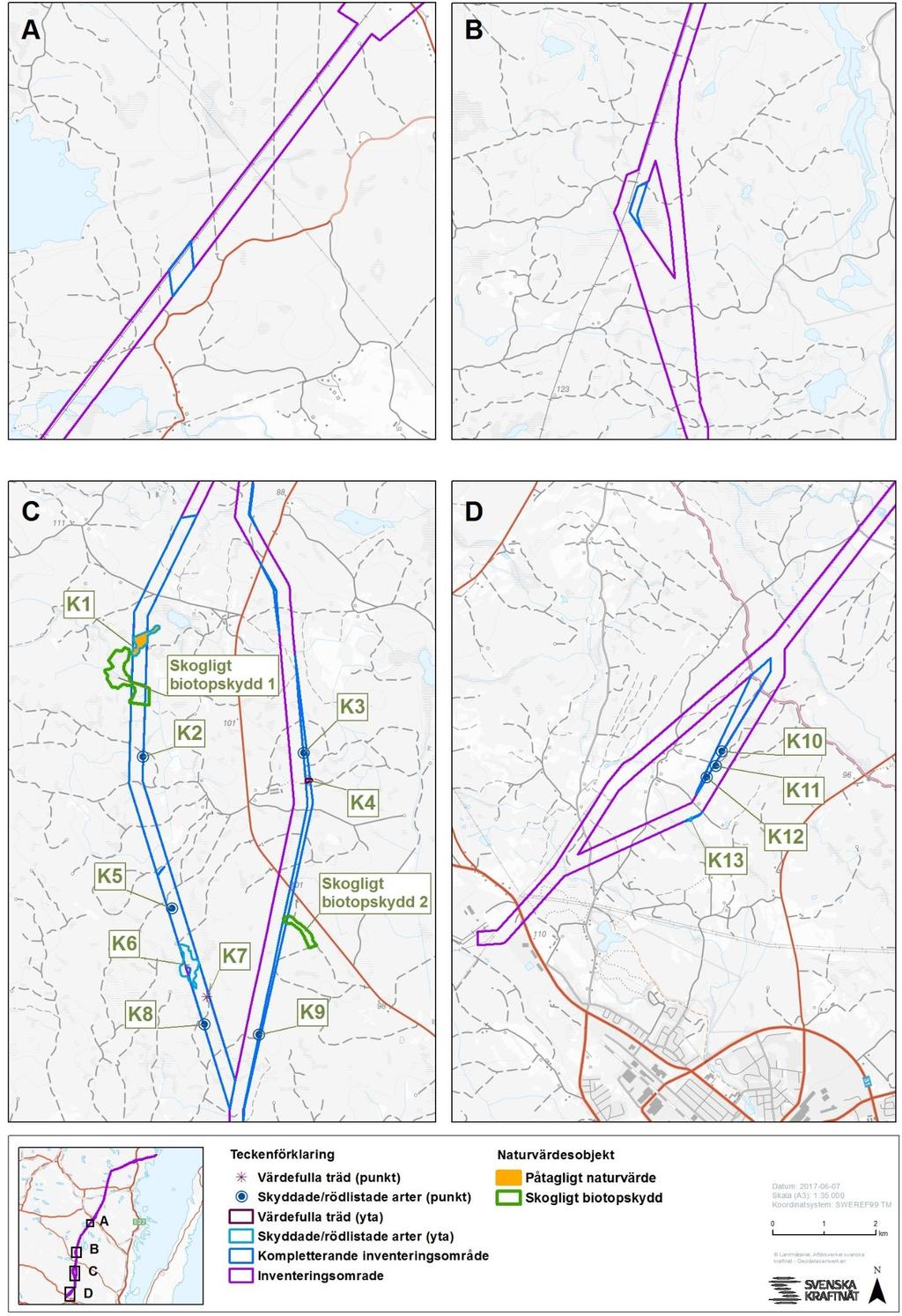 Figur 2. Kartan visar resultatet för de fyra delområden (A-D) där den kompletterande naturvärdesinventeringen genomförts.