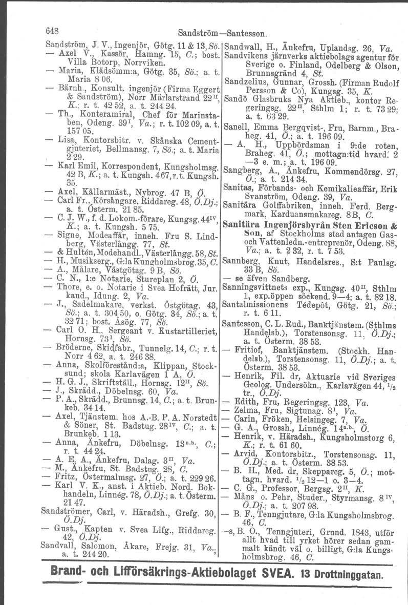 648 Sandström-Santesson. Sandström,>..J. V., Ingenjör, Götg. 11 & 13,Sö. Sandwall. H., Änkefru, Uplandsg. 26, Va. - Axel v., Kassör, Hamng. 15, C.; bost.