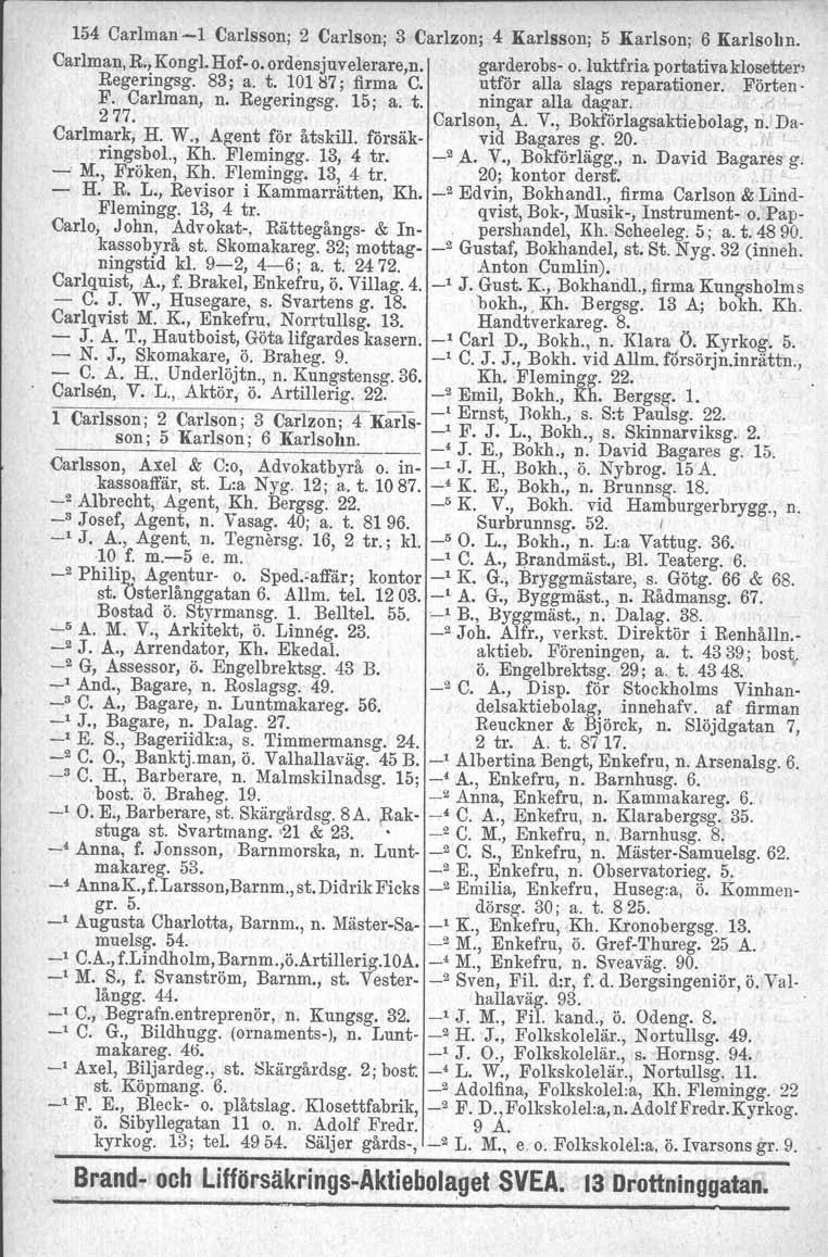 154 Carlman -1 Carlsson; 2 Carlson; 3 Carlzon; 4 Karlsson; 5 Karlson; 6 Karlsohn. Carlman, R., Kongl. Hof- o. ordensjuvelerare,n. garderobs- o. luktfria portativa klosetter- Regeringsg. 83; a. t.