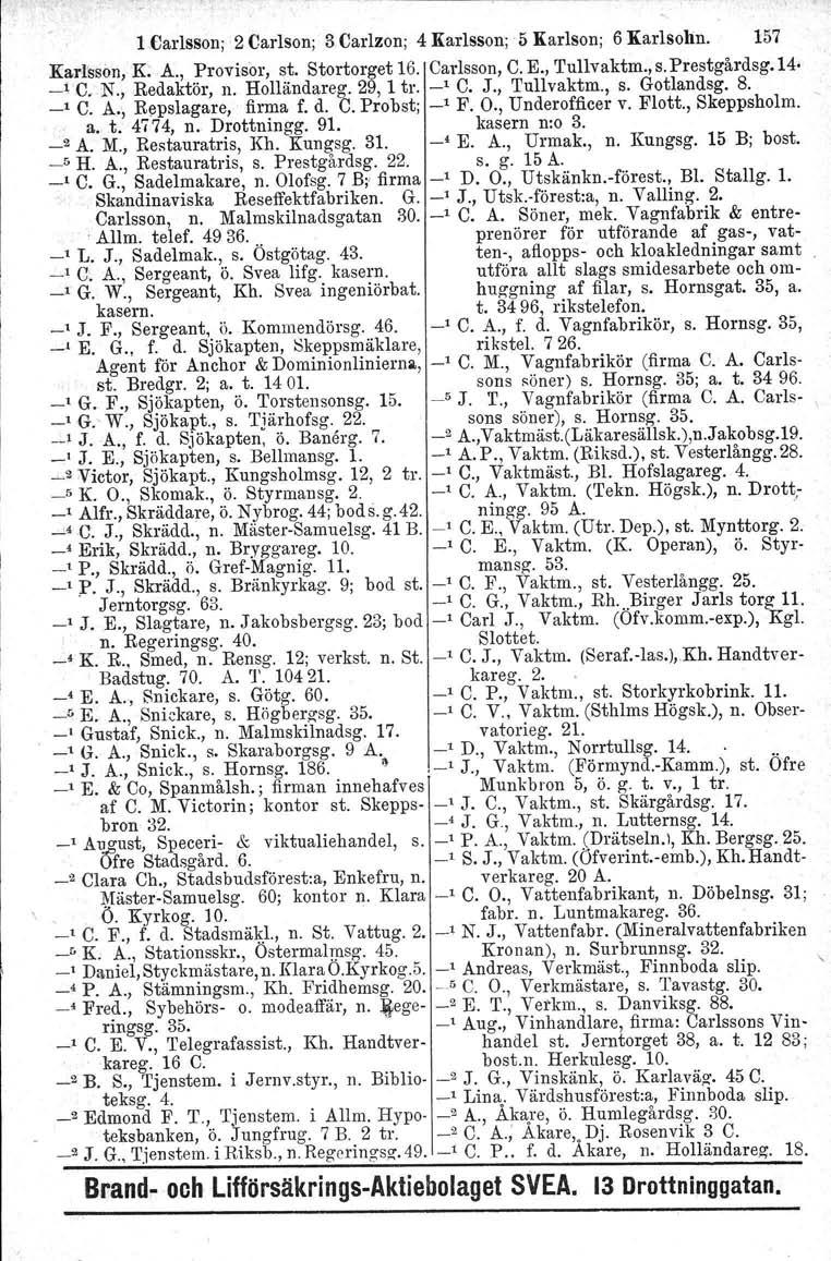 1 Carlsson; 2 Carlson; 3 Carlson: 4 Karlsson; 5 Karlson; 6 Karlsohn. 157 Karlsson, K: A., Provisor, st. Stortorget 16. Carlsson, C. E., 'I'ullvaktm., s. Prestgårdsg.Ld- -~C. N., Redaktör, n.