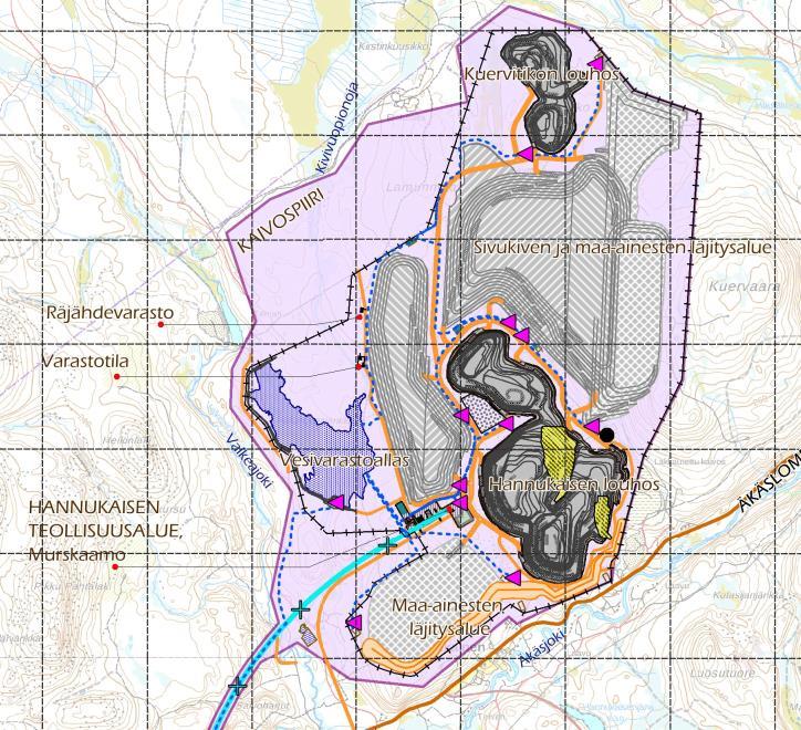 12 (104) Bild 4-3. Planerade funktioner på Hannukainen gruvområde. Rutindelningen på bilden är 1 km. 4.3 Rautuvaaraområdet Rautuvaara har ursprungligen varit en del av älvfåran i Niesajoki.