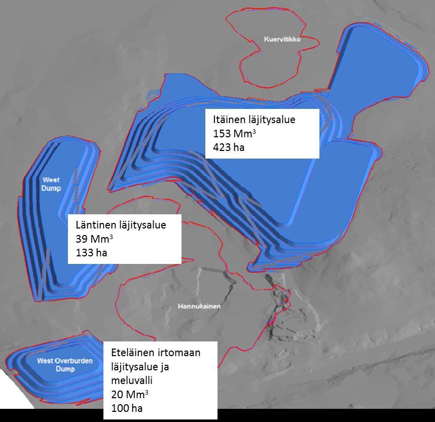 68 (104) Eteläinen irtomaan läjitysalue ja suojavalli 20 Mm 3 100 ha Bild 8-4. Upplagsområden för gråberg och lös jord, areal och upplagskapacitet (m 3 -rtr).