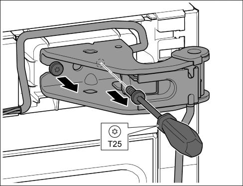 24 u Skruva ut de båda skruvarna med en skruvmejsel T25. u Lyft upp och ta bort lagerbocken och kabeln. Fig. 23 AKTA Risk för skador om dörren slås upp!
