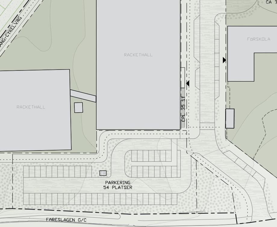 och dels genom nya bilplatser söder om rackethallen (10 bpl). Befintliga 4 bpl längs med gatan, söder om förskolan, kvarstår.