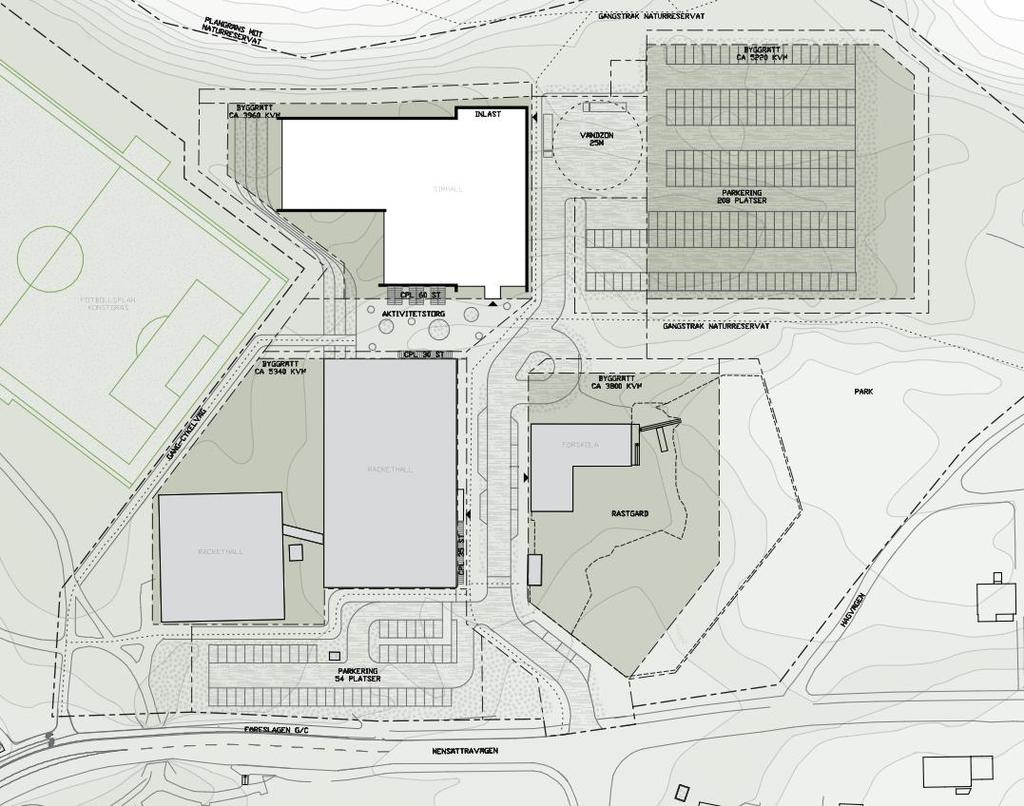 3. Planerad framtida verksamhet vid Myrsjö Sportcentrum Den planerade framtida verksamheten innefattar i ett första skede en simhall med tillhörande parkering och en trampolinhall, se Figur 5.