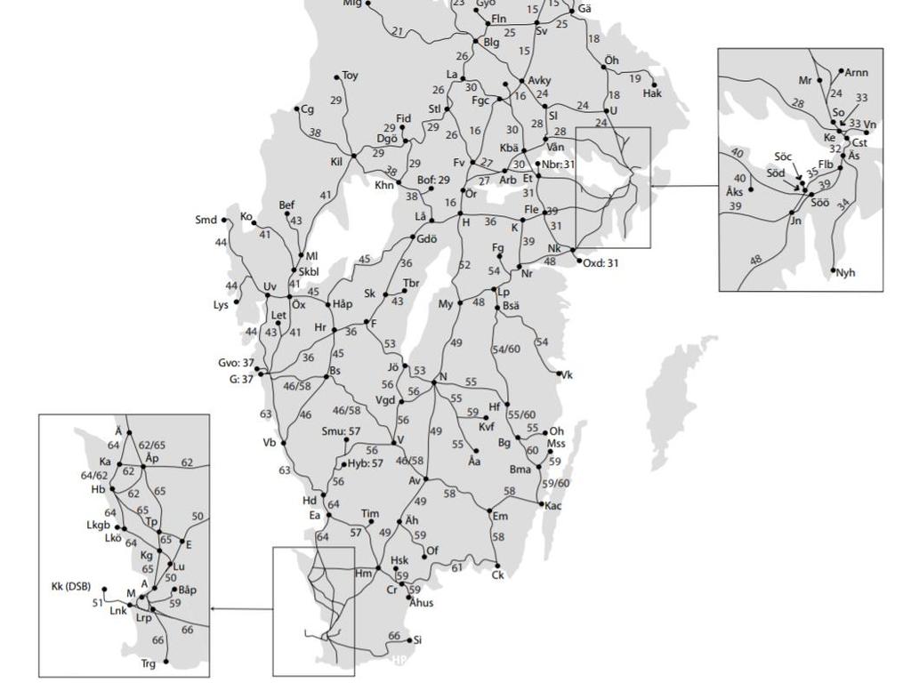 Figur 8. Kartan ovan visar uppdelningen av södra Sveriges järnvägsnät i delsträckor för den grafiska tidtabellen.