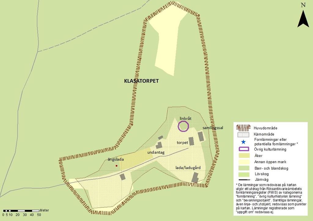 Klass 1 Skogslandets jordbruk: Torpmiljö med koppling till prästgården, idag med ålderdomliga byggnader och bevarad linugn/bråtugn (lingrav).