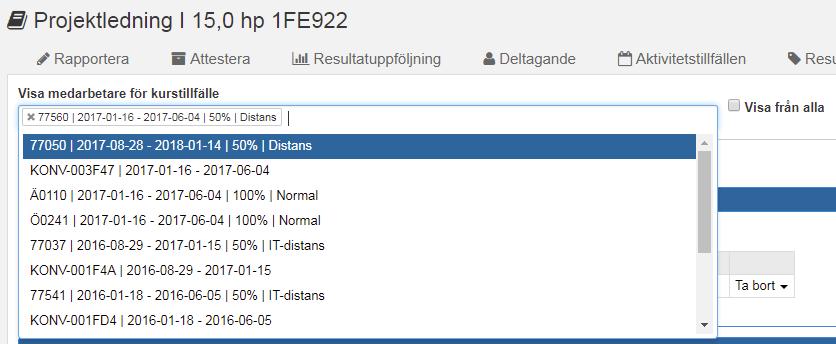 Välj de kurstillfällen som läraren och examinatorn ska kopplas till, dvs vilka kurstillfällen de arbetar med.