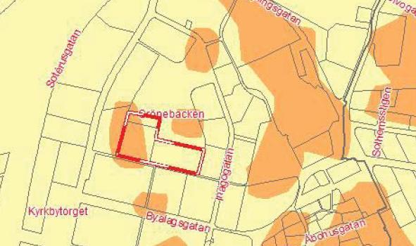 Figur 5. Utdrag ur SGU:s översiktliga radonriskkarta. 10. Förorenad mark En separat miljötekniskmarkundersökning bedömning kommer att utföras för planområdet. 11.