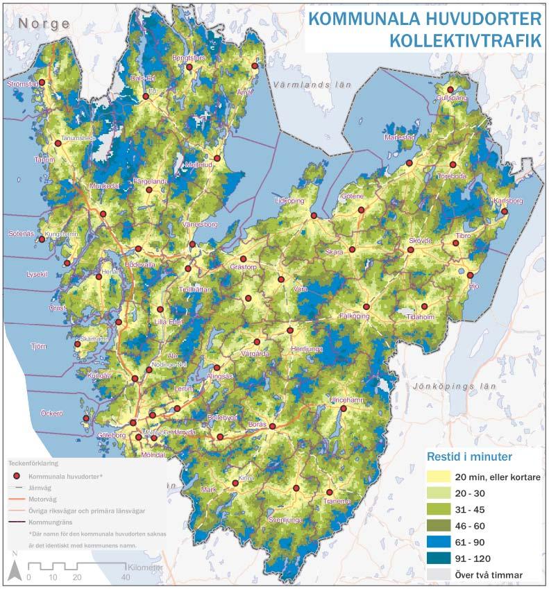 2.4 Andelen invånare med mindre än 30 min med kollektivtrafik till sin kommunala huvudort Resorna till den kommunala huvudorten utgörs ofta av arbetsresor men kan också vara resor för inköp, skola