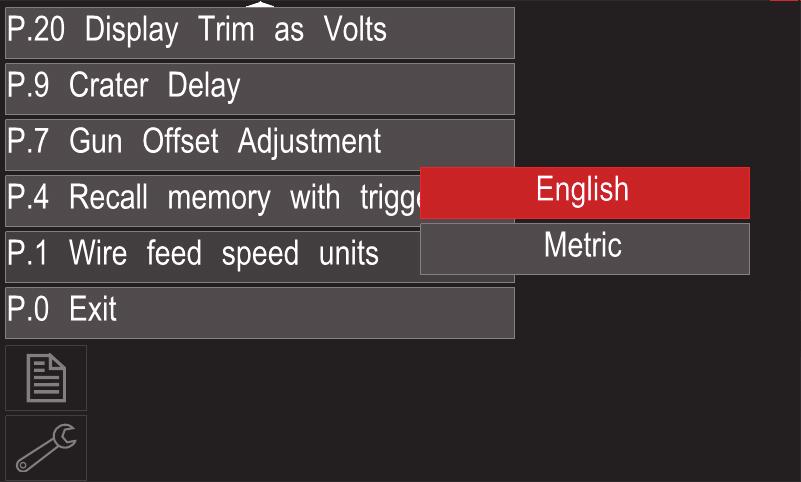 Tryck på höger ratt [36]. Konfigureringsmenyn visas i displayen. Markera med höger ratt [36] parameternumret som ska ändras, till exempel P.