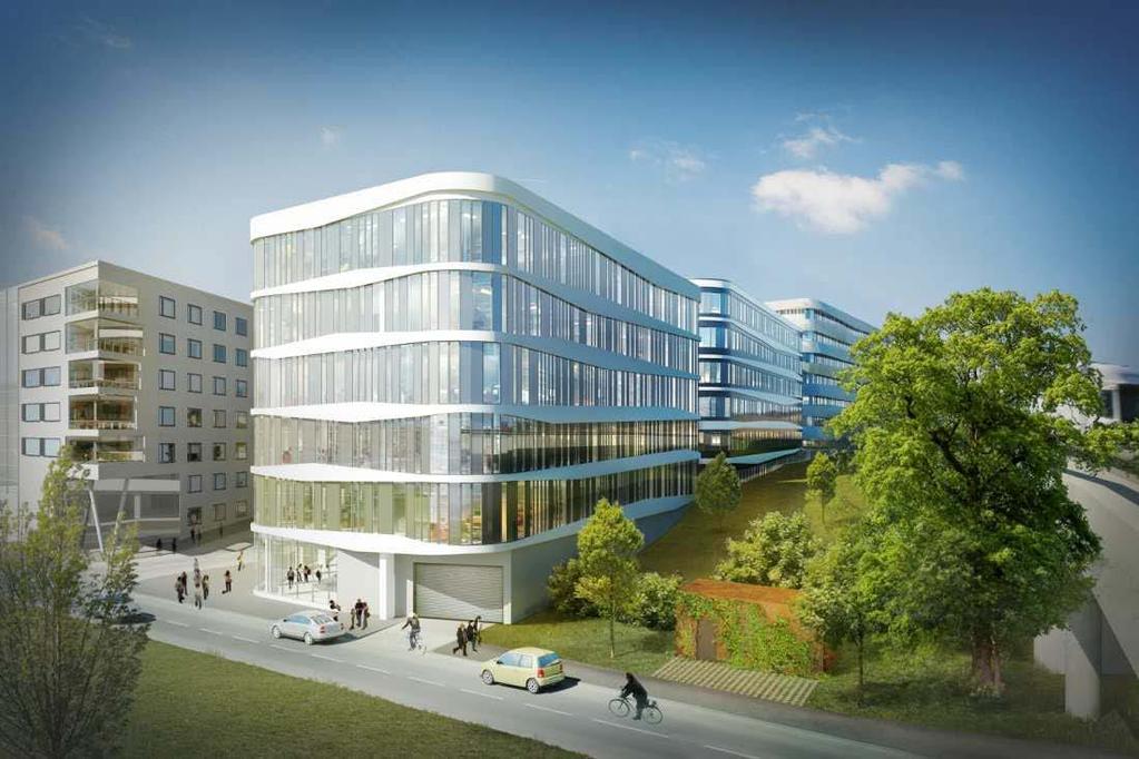 Sida 5 (10) Byggnadens gestaltningsprincip är att med tre volymer på en gemensam sockel skapa en rygg mot Essingeleden, och en lättare fasad med entréer mot Kristinebergs Slottsväg och