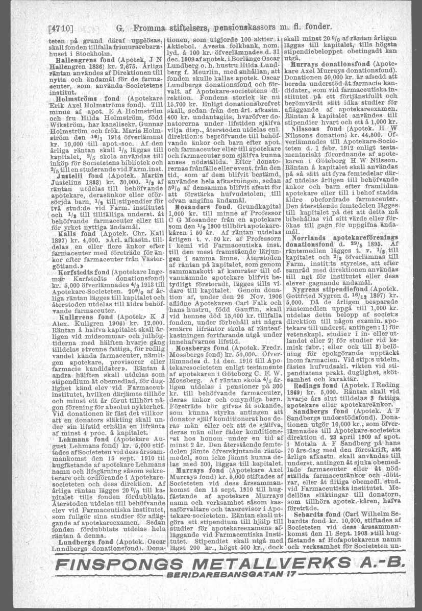 [4710J G. Fromma. stiftelsers, pensionskassors m. fl. fonder. teten pl grund dänf upplösas, -iionen, somutgiorde 100'aktier, i.