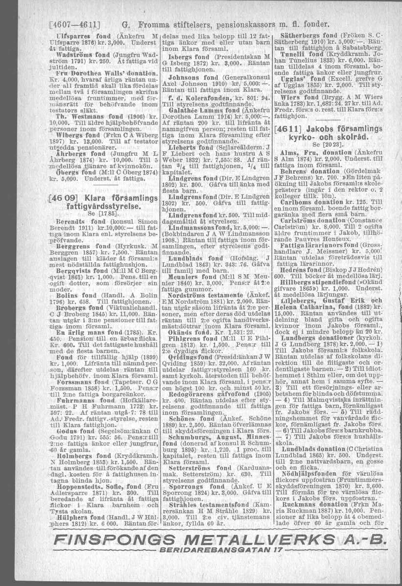 (4607-40611J G. Fromma stiftelsers, pensionskassors m. fl. fonder. CIrsparr.. fond (Änkefru M delas med lika belopp till 12 fat- Sätherbergs fond (Fröken S. C tilfsparre 1878)kr. 3,000.