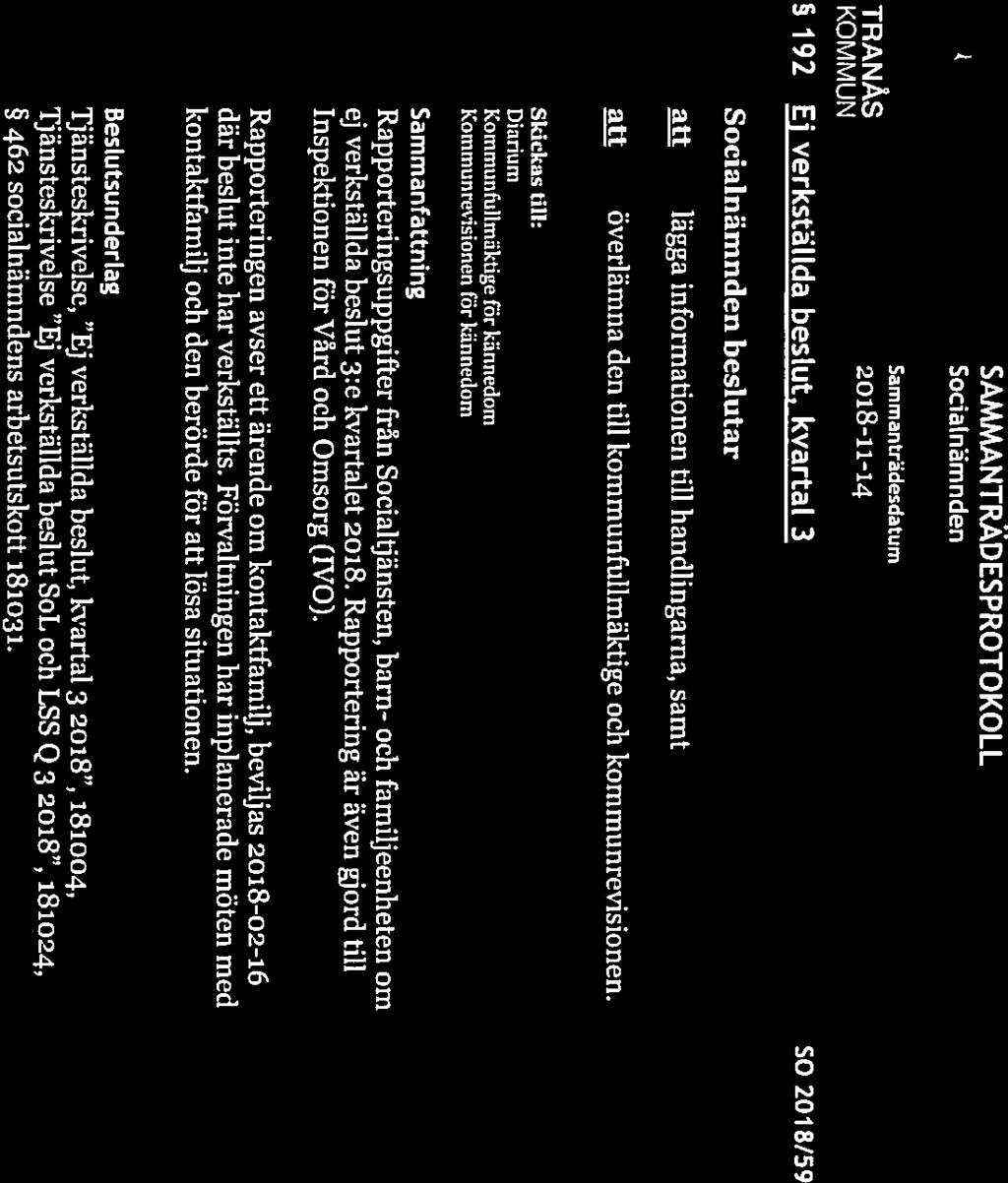 SY SAMMANTRÄDESPROTOKOLL Sida 10(21) SociaLnämnden Sam ni anträdesdatu m TRANÅS 2018-11-14 192 Ej verkställda beslut, kvartal 3 SO 201 8/59 al lägga informationen till handlingarna, samt att