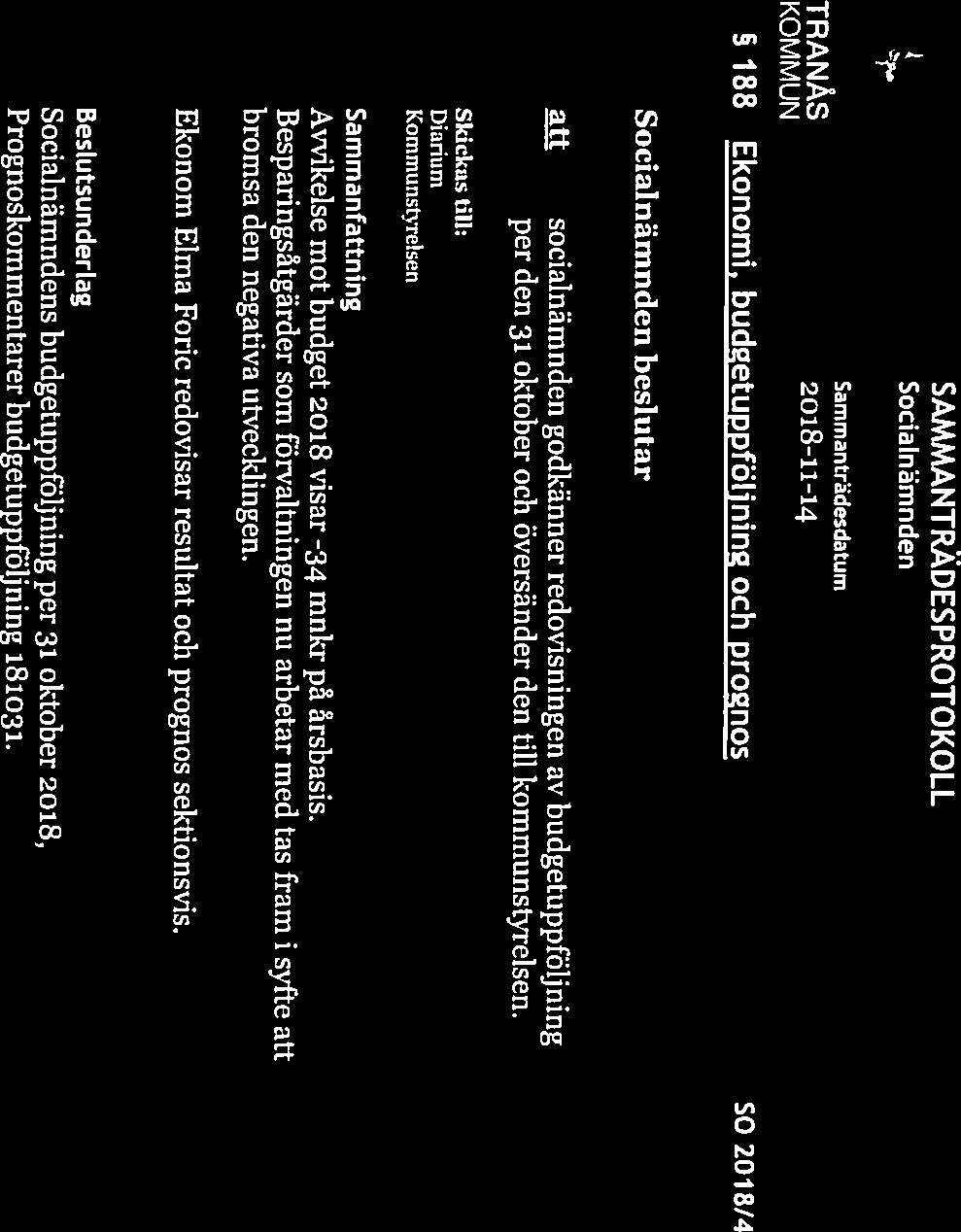 Sammanträdesdatum TRANÅS 2018-11-14 SAMMANTRÄDESPROTOKOLL Sida 6(21) 188 Ekonomi, budgetuppföljning och prognos 502018/4 att socialnämnden godkänner redovisningen av budgetuppföljning per den 31