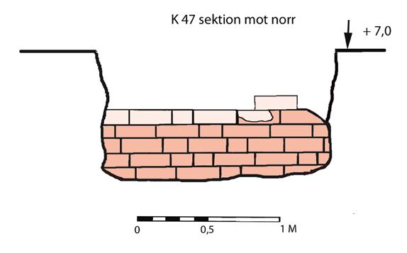 med en svart pil. Möjligen visar rundningen att ett tunnvalv har vilat på muren.