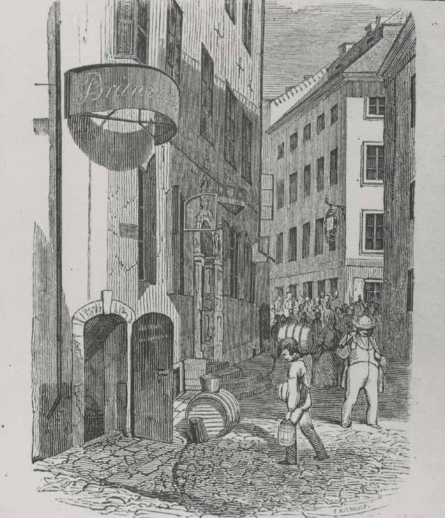 Figur 41. Österlånggatan med krogen Krypin till vänster i bild. Träsnitt av F.