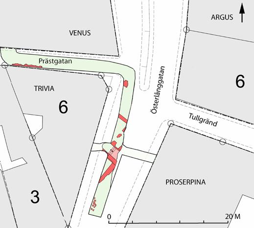 Figur 1b: Schaktplan med rödmarkerade murlämningar på ett