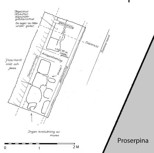 Vid den arkeologiska undersökningen SR 999 år 1991 påträffades en naturstensmur med spår av tegel, väster om kvarteret Proserpina och ca 1,75 m under gatumark, se figur 7.