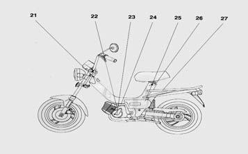 Framgaffel 22.Cylinder 23. Tändkåpa 24. Kickstart 25. Motorkåpa 26. Ventilations ventil för bränsle tanken 27.