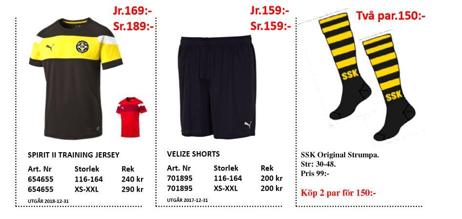 Kläder Tröja + shorts (+ strumpor) = 328 kr (403 kr) Beslut togs att vi beställer tröjor, shorts och strumpor för de som behöver.