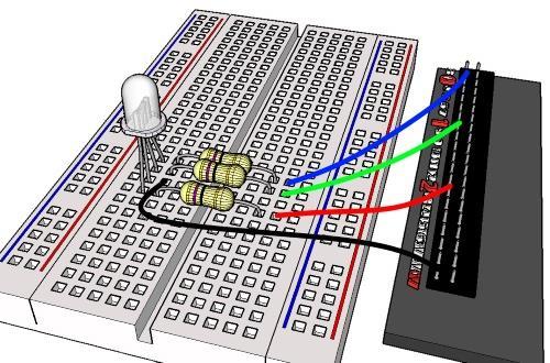 En RGB (röd, grön och blå) led har fyra ben, Ett ben för varje färg och ett gemensamt för Katod, GND (jord).