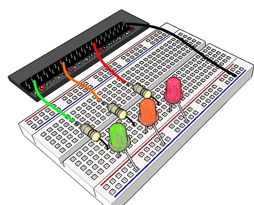 Projekt Trafikljus Koppla in en grön, en gul och en grön led enligt beskrivningen ovan. Mellan anod och pin behövs ett motstånd på 47 Ohm.