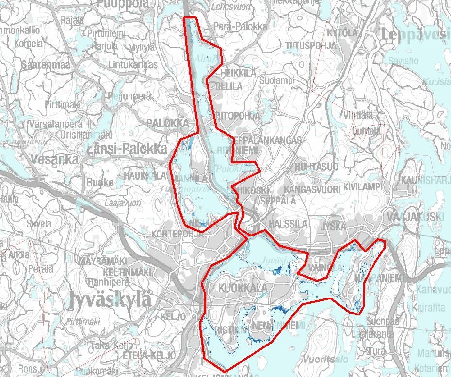 3/10. Bild 2. Område med betydande översvämningsrisk i Jyväskylä. På kartan anges översvämningsområdet som beskriver översvämningsrisken med hjälp av vattendjupet.